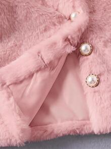 SHEIN 女童優雅人造毛珍珠鈕扣裝飾大衣 秋冬款 - 粉色 - 查看 4