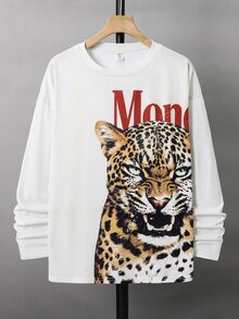 SHEIN 青少年男孩字母與動物圖案休閒日常長袖T恤 - 白色 - 查看 5