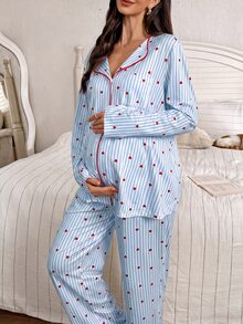 Moonlight&Mama Striped Small Heart Print Collared Long Sleeve Top And Pants 2 Pieces Maternity Pajama Set - Blue - View 6