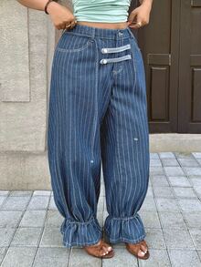 Rivivi Plus Size Women Non-Stretch Denim Cuffed Deep Blue Striped Lantern Pants Cowboy Outfits For Women - Medium Wash - View 4