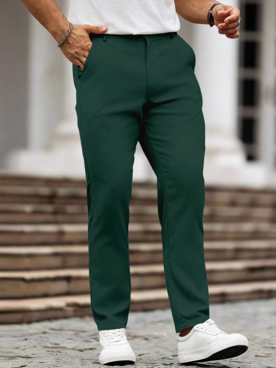 Manfinity Homme Men's Solid Color Pocketed Casual Straight Leg Pants, Fall - Dark Green - View 1