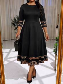 SHEIN Lady CURVE Plus Size Elegant Traditional Commuter Maple Leaf Pattern Patchwork Dress - Suitable For Teacher's Day, Formal Office And Cocktail Party (Black Summer Style) - Black - View 4