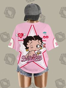 Betty Boop x SHEIN 大尺碼女款星星與字母印花圓領短袖休閒T恤 - 白色 - 查看 3