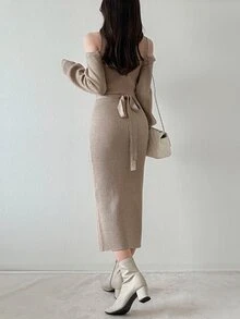 FRIFUL Women's Cold Shoulder Casual Daily Wear Knit Dress - Apricot - View 3
