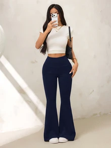 SHEIN PETITE Women's Solid Color High Waist Casual Versatile Daily Flare Pants - Navy Blue - View 6