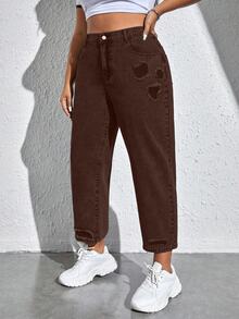 SHEIN EZwear 大尺碼鈕扣口袋拉鍊拼接純色牛仔褲 - 咖啡棕 - 查看 6