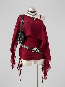 Sunspun Plus Size Spring/Summer Sheer Top & Fitted Drawstring Camisole Dress 2 Pieces Set Fall - Burgundy - View 6