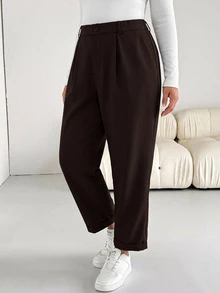 Shapeblank 大尺碼女款春秋傳統寬鬆灰色鬆緊腰錐腳褲，工作褲，極簡風，辦公穿著，教師節秋季款 - 棕色 - 查看 4