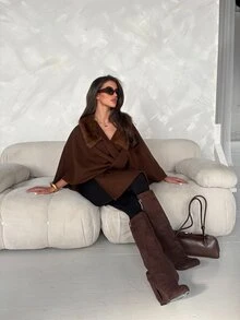 Aloruh Women's Elegant Fashionable Cape Style Dark Coffee Overcoat - Brown - View 5