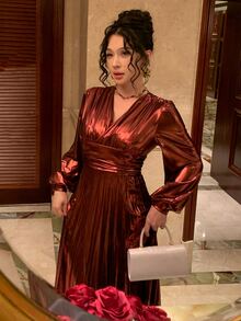 DAZY Women's Metallic Texture V-Neck Long Sleeve Pleated Elegant Dress Fall - Brown - View 4