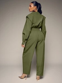 Hauture Women's Sexy Casual Collared Front Button Barrel Shape Long Sleeve Padded Shoulder Jumpsuit - Army Green - View 2