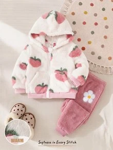 Cozy Pixies 女嬰水果圖案抓絨內裡加厚連帽長袖前開襟運動衫，純色針織軟彈腰長褲，2件套連帽外套休閒長褲套裝 - 白色 - 查看 4