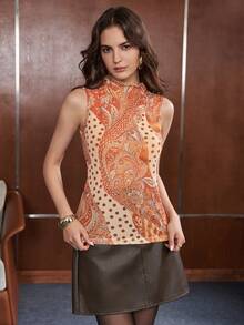 Anewsta Women's Vintage Brown Colorblock Printed Sleeveless Mesh Slimming Tank Top For Autumn/Winter, Casual & Party Wear - Brown - View 5