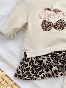 SHEIN 女嬰櫻桃印花寬鬆落肩假兩件式拼接下擺刷毛加厚洋裝，適合冬季 - 杏色 - 查看 7