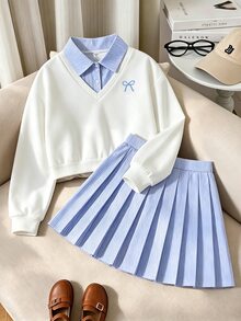 SHEIN 青少年女孩圖案印花長袖上衣與裙子套裝 - 彩色 - 查看 1