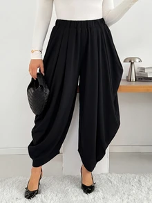 Shapeblank Women's Plus-Size Black Lantern Pants – Stylish, Casual, Loose-Fit, Stretchy, And Comfortable – Versatile Everyday All-Match For Spring & Autumn,Outfits - Black - View 3