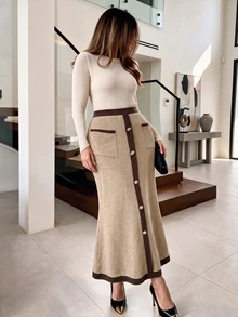 Modelyn Autumn/Winter Knit Colorblock Button Embellished Bodycon Fishtail Hem Elegant Plus Size Women's Skirt - Khaki - View 6