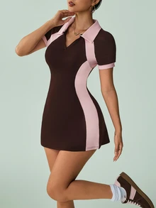 SHEIN Sovereign Charm 2pcs Women's Summer Sports Dress, Fitted Contrast Color Polo Collar, Side Patchwork, Short Sleeve A-Line With Detachable Shorts And Pockets, Running - Multicolor - View 5