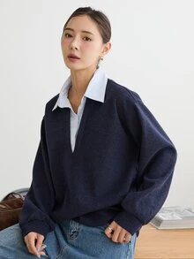 Dazy-Less Women's Navy Blue Hooded Drawstring Long Sleeve Loose Solid Color Front Pocket Casual Pullover Sweatshirt, Autumn/Winter - Navy Blue - View 5
