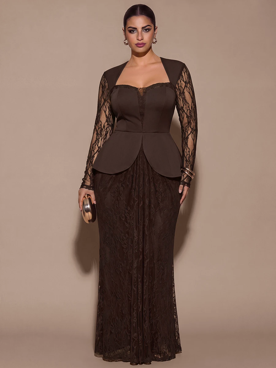 SHEIN BAE CURVE فستان حفلة كاجوال للنساء بمقاسات كبيرة مع تطريز دانتيل - بني - مشاهدة 1