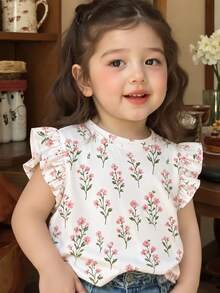 Girls Sweet Floral Flutter Sleeve T-Shirt - White Casual Outing Top, Autumn New Design, Suitable For Christmas And Halloween, All-Season Wear, Cute Holiday And Daily - Black - View 3
