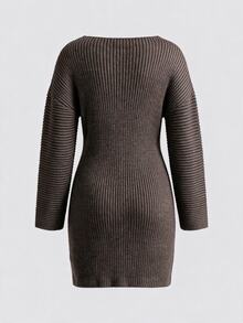 SHEIN BASICS Women's Solid Color Boat Neck Drop Shoulder Long Sleeve Slim Fit Knit Dress - Coffee Brown - View 5
