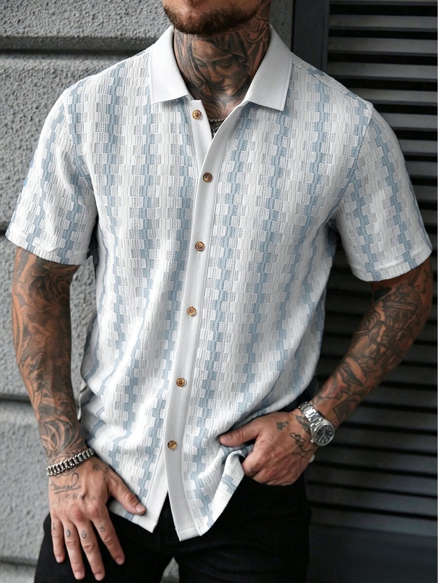 Manfinity CasualCool Men's Contrast Color Front Button Short Sleeve Pink And White Striped Shirt Vacation Summer Casual Tropical - Blue and White - View 1