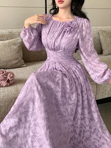 Feyla Women's Elegant 3D Floral Decor Pleated Cut-Out Dress - Purple - View 5