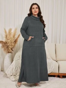 Lacomfia Plus Size Women's Loose Casual A-Line High Neck Long Sleeve Elastic Ribbed Long Dress, Autumn - Dark Grey - View 3