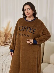 Lacomfia Casual Minimalist Letter Embroidered Crew Neck Drop Shoulder Long Sleeve Loose Regular Fit Plus Size Sweatshirt, Autumn/Winter - Brown - View 5