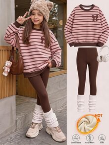 SHEIN 青少年女孩條紋印花圓領運動衫套裝，個性化條紋印花套裝，個性化運動衫，適合秋冬，日常出遊，休閒穿著，活力風格，休閒旅行，基礎款，舒適易穿，休閒日常 - 彩色 - 查看 1