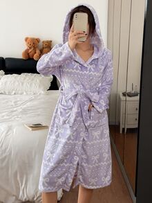 Napfluff Women's Knitted Flannel Bow Heart Print Casual Sweet Fashion Comfortable Hooded Robe With Waist Tie And Pockets - Purple - View 4