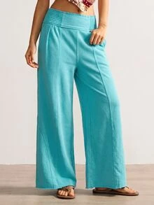 Bohemela Casual Solid Color Knit Loose Wide Leg Washed Women's Long Pants - Mint Blue - View 3