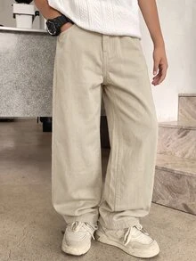SHEIN 青少年男孩時尚休閒 Y2K 復古酷藍色牛仔褲 寬鬆舒適直筒牛仔褲 童裝 - 卡其色 - 查看 1