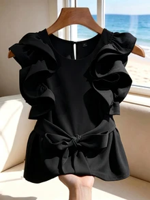 GlowEve CURVE Plus Size Women's Solid Color Round Neck Patchwork Ruffle Waist Tie Elegant Blouse - Black - View 1