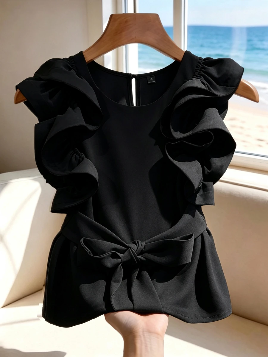 GlowEve CURVE Plus Size Women's Solid Color Round Neck Patchwork Ruffle Waist Tie Elegant Blouse - Black - View 1