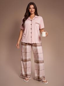 Lazeform Plus Size Button-Up Frill Trim Cardigan And Plaid Loose Fit Long Pants Pajama Set - Pink - View 4