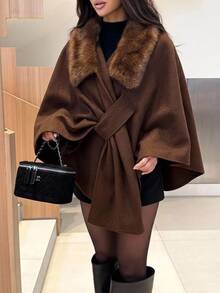 Aloruh Women's Elegant Fashionable Cape Style Dark Coffee Overcoat - Brown - View 3