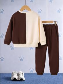 SHEIN | PAW Patrol 小男孩黃色拼色卡通小狗印花寬鬆衛衣套裝 秋季長袖上衣與長褲 返校休閒穿搭 - 彩色 - 查看 2