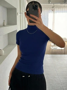 DAZY 女款純色修身百搭休閒短袖T恤 - 藏蓝色 - 查看 6
