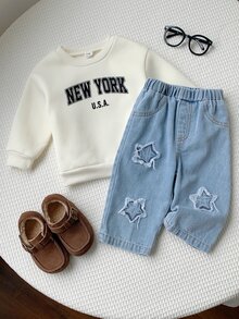 SHEIN 2件組 嬰兒男童/女童秋冬連帽衛衣與牛仔褲套裝 星星圖案水洗破洞牛仔兩件套 - 彩色 - 查看 6