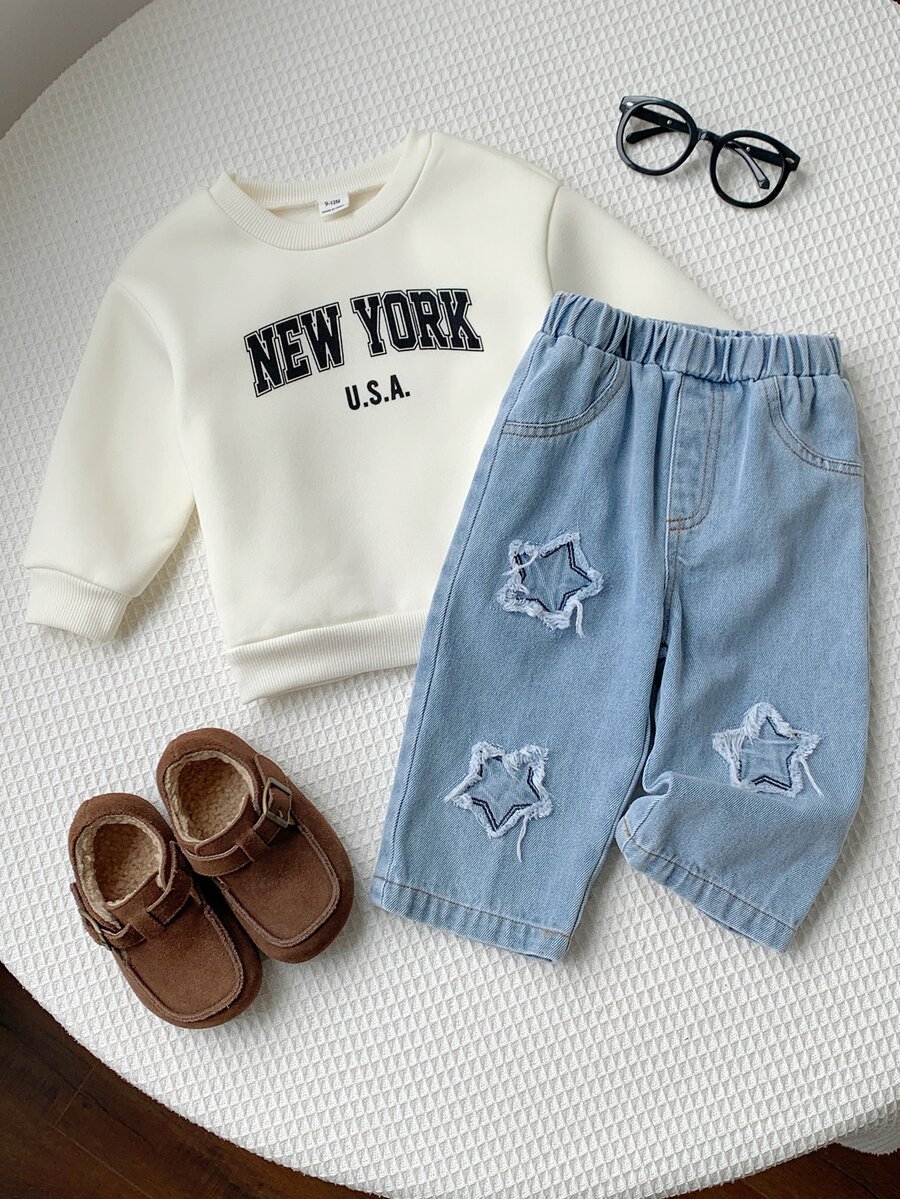 SHEIN 2pcs Baby Boy Baby Girl Baby Boy Baby Boy Tracksuits Autumn/Winter Hooded Sweatshirt And Denim Jeans Star Pattern Distressed Denim Two Pieces Set - Multicolor - View 1