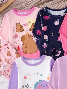 2件組女孩可愛動物印花高彈性修身居家服，秋冬款 - 彩色 - 查看 3