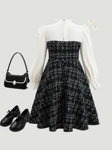Tween Girl Elegant Tweed Bow Decor Patchwork 2 In 1 Dress, Autumn Back To School - Black - View 2