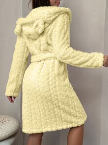 SHEIN 女款毛絨提花動物耳連帽前開襟睡袍 - 黃色 - 查看 2