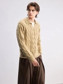 RONVEXI 男士休閒V領領口長袖毛衣，秋冬中性風格，情侶穿搭，最佳節日禮物 - 杏色 - 查看 4
