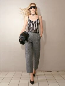 MOTF PREMIUM WOMEN'S SEQUIN DECOR POCKET COMMUTER CROPPED TROUSERS - Dark Grey - View 5