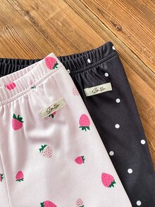SHEIN 春夏四季女孩心形條紋甜美可愛波點草莓印花百搭粉黑軟舒適羅紋針織內搭褲2件組 - 彩色 - 查看 4