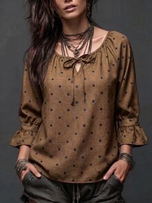 Breezaya Women's Polka Dot Print Bowknot Neck Ruffle Cuff Casual Loose Blouse - Brown - View 3
