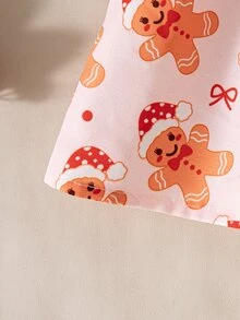 SHEIN Vintaside Kids 1件女嬰甜美紅粉色薑餅人蝴蝶結羅紋長袖泡泡袖圓領休閒冬季公主風舒適A字蓬蓬裙 - 酒紅色 - 查看 5